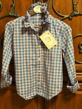 Upcycled Ruffle Collar Blouse | Blue & Pink Gingham Shirt | Cottagecore / S